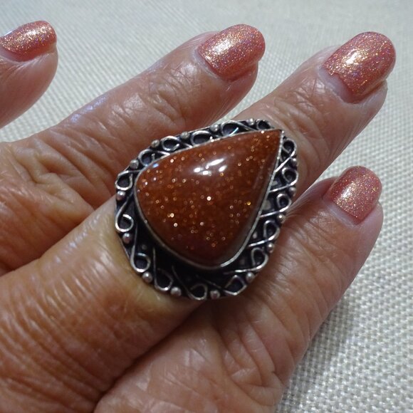 Gorgeous GOLD SUNSTONE Handmade Sterling 925 Ring Size 10 #371C - Picture 1 of 3